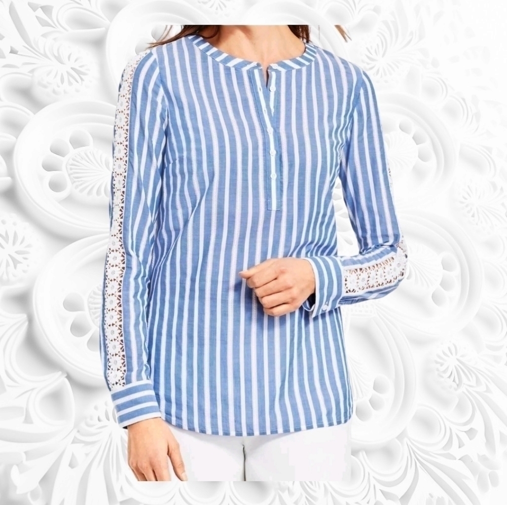 Talbots Blue & White Henley lace sleeve Career LS top shirt tunic Womens…